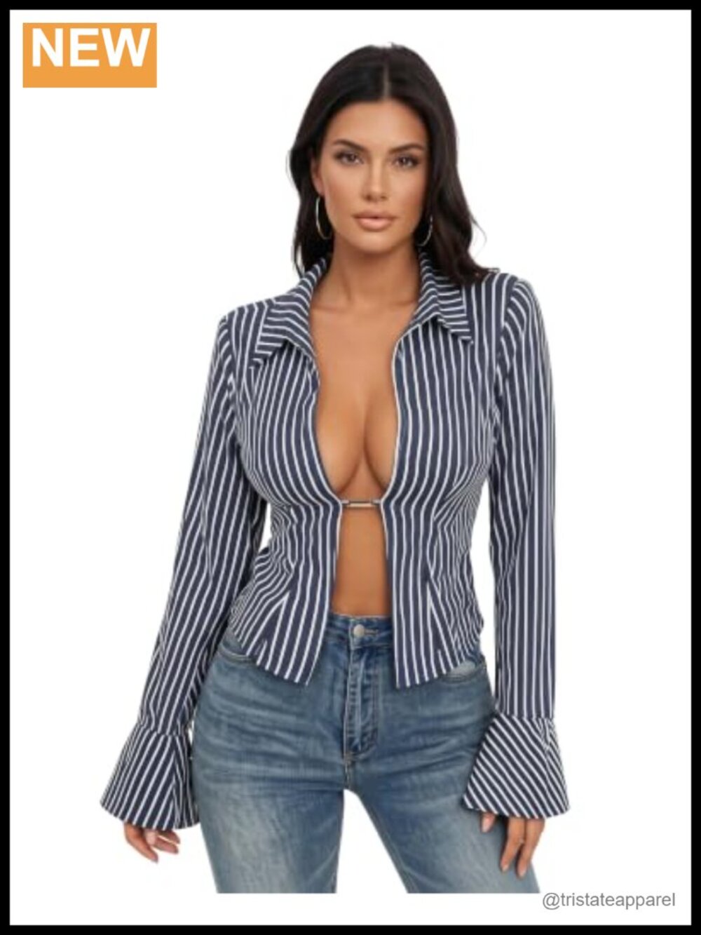 Striped Bell Sleeve Button Down Shirt Wrinkle Free No Iron Women's Blouse